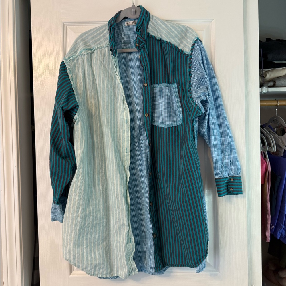Womens intimately free people Striped Button-Up Shirt in Teal Light Blue medium